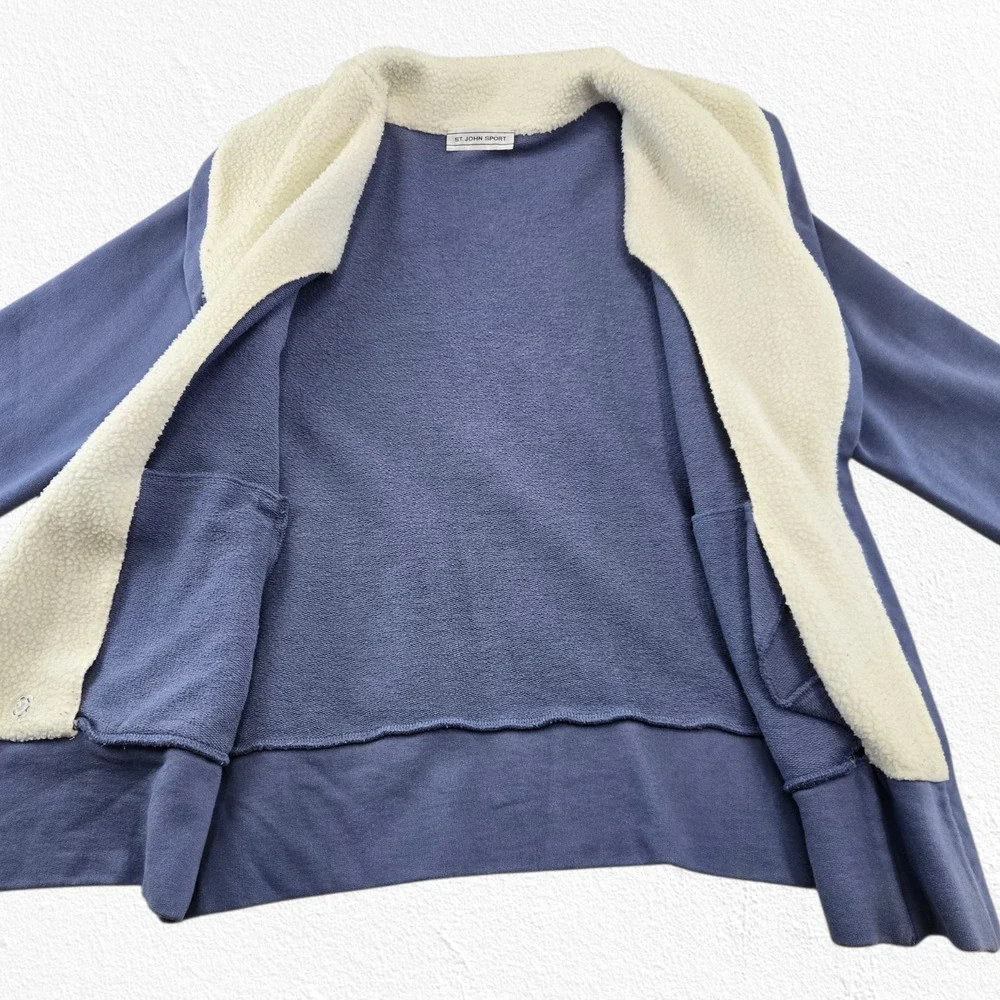 Y2K St John Sport Blue Knit Jacket Shearling Collar Asymmetrical Zip Size Medium - Picture 7 of 11